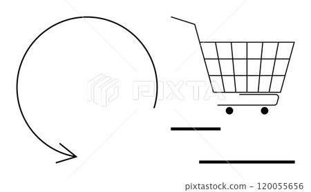 Shopping cart with arrow highlighting movement and dynamism. Ideal for online shopping, return policies, e-commerce strategies, logistics, and business growth. Clear and minimalistic style Shopping cart with arrow highlighting movement and dynamism. Ideal for online shopping, return policies, e-commerce strategies, logistics, and business growth. Clear and minimalistic style 120055656