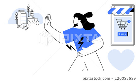 Woman raises hand rejecting groceries while holding a phone displaying buy button. Ideal for online shopping digital commerce mobile apps modern consumerism convenience retail transformation shopping 120055659