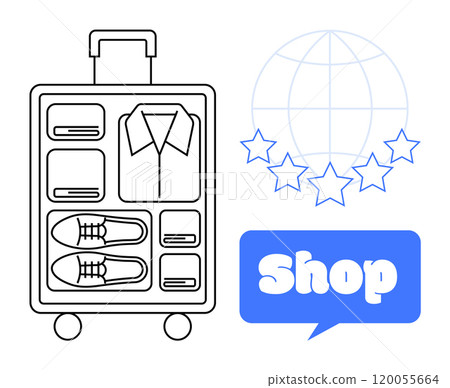 Packed suitcase with neatly folded shirt, shoes, and clothes. Globe with five stars and shop speech bubble. Ideal for travel, shopping, organization, quality, international. Clean, minimal, modern Packed suitcase with neatly folded shirt, shoes, and clothes. Globe with five stars and shop speech bubble. Ideal for travel, shopping, organization, quality, international. Clean, minimal, modern 120055664