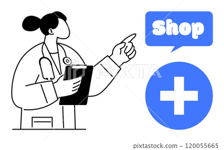 A medical professional holding a clipboard points towards a blue speech bubble containing the word Shop, next to a blue medical cross symbol Ideal for themes healthcare online pharmacy medical 120055665