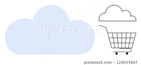 Large blue cloud next to an outlined cloud on shopping cart emphasizing digital storage and internet commerce. Ideal for tech, cloud services, e-commerce, online shopping, digital transformation 120055667