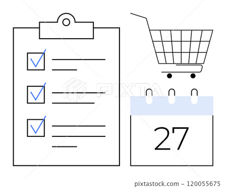 A clipboard with a checklist marked with blue check marks next to a shopping cart and a calendar page showing the 27th. Ideal for task management, productivity, scheduling, planning, and shopping 120055675