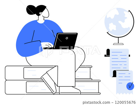 A person working on a laptop while sitting on a stack of books. Nearby are a globe and a list with a checkmark. Ideal for education, study planning, online learning, research, and global studies 120055676