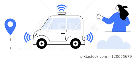 A self-driving car equipped with GPS and wireless signals, along with a person pointing towards it. Ideal for technology innovation, smart transportation, autonomous systems, navigation advancements 120055679