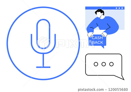 Large microphone circle, person holding cash back sign, and chat bubble with three dots. Ideal for communication, customer service, online shopping, voice recognition, and financial technology Large microphone circle, person holding cash back sign, and chat bubble with three dots. Ideal for communication, customer service, online shopping, voice recognition, and financial technology 120055680