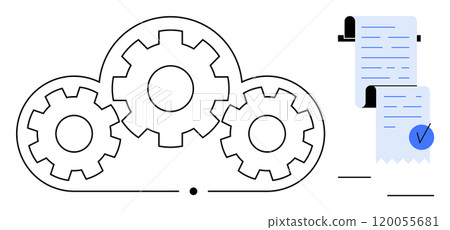 Three interconnected gears inside a cloud shape next to a rolled-up document with a checkmark. Ideal for technology, cloud computing, automation, document management, and workflow efficiency. Simple Three interconnected gears inside a cloud shape next to a rolled-up document with a checkmark. Ideal for technology, cloud computing, automation, document management, and workflow efficiency. Simple 120055681