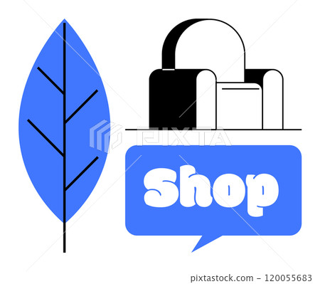 Blue leaf and stylized chair with a speech bubble containing the word Shop, Ideal for branding eco-friendly shops advertising environmental themes modern furniture minimalist design 120055683