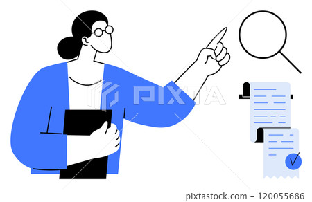A business professional pointing at a search icon while holding a black folder. Nearby is a document with a checkmark. Ideal for business presentations, research, data analysis, education A business professional pointing at a search icon while holding a black folder. Nearby is a document with a checkmark. Ideal for business presentations, research, data analysis, education 120055686
