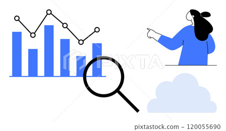 A person points towards bar and line graphs while a magnifying glass highlights data analysis. Ideal for business analytics, statistics, data visualization, market research, and trend analysis A person points towards bar and line graphs while a magnifying glass highlights data analysis. Ideal for business analytics, statistics, data visualization, market research, and trend analysis 120055690