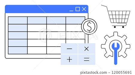 Shopping concept. Includes a spreadsheet, settings gear, calculator, and shopping cart. Ideal for e-commerce, budget management, financial planning, online shopping, software tools. Clean modern 120055691