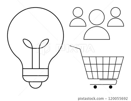 Shopping concept. A light bulb, shopping cart, and user icons emphasize e-commerce ideas. Ideal for online business, customer engagement, creative thinking, retail strategy, marketing innovation 120055692