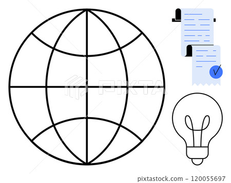 Black grid globe, blue checkmarked document, and simplistic light bulb icon. Ideal for technology, business, education, innovation, and global communication themes. Clean minimalist style Black grid globe, blue checkmarked document, and simplistic light bulb icon. Ideal for technology, business, education, innovation, and global communication themes. Clean minimalist style 120055697