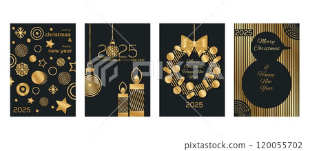 Christmas gold card. Happy 2025 New Year congratulation. Foil wreath. Golden shape. Luxury circle. Xmas celebration party. Tree round toy. Silhouette snowman. Design template. Vector black banners set 120055702