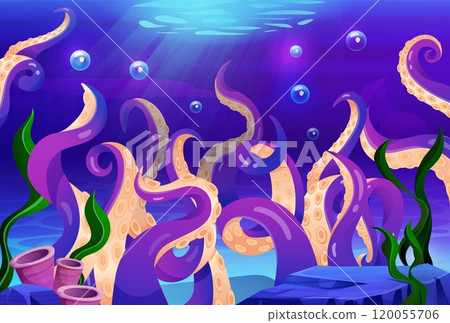 Sea octopus. Monster big squid. Scary underwater animal. Cthulhu tentacles. Fantasy cephalopod creature. Kraken spiral limbs. Ocean creepy bottom. Cute cartoon seafood. Vector tidy undersea background 120055706