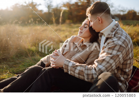 Stylish couple walking autumn weather. People, lifestyle, relaxation concept. Autumn Fashion concept 120055803