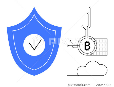 A blue shield with a checkmark, a Bitcoin symbol with digital circuits, and a cloud. Ideal for cryptocurrency, digital security, blockchain technology, cloud storage, and data protection. Modern 120055828