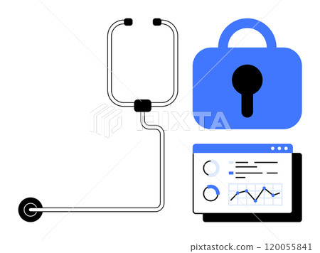 Stethoscope, blue padlock, and a chart on a screen with medical data. Ideal for digital health, cybersecurity, medical technology, data privacy, health monitoring. Flat design style Stethoscope, blue padlock, and a chart on a screen with medical data. Ideal for digital health, cybersecurity, medical technology, data privacy, health monitoring. Flat design style 120055841