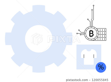 A gear symbol, Bitcoin with circuitry, and a t-shirt with a discount symbol. Ideal for technology, cryptocurrency, commerce, shopping, and digital marketing. Modern minimal design 120055845