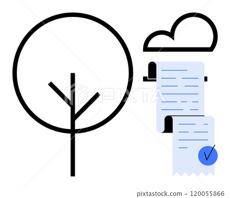 Black outlined tree conveys environmental focus. Cloud and receipts represent digital, eco-friendly accounting. Ideal for accounting, cloud computing, eco-friendly business, sustainability 120055866