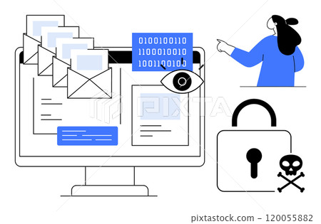Computer screen with emails, a binary code, and an eye icon. Person points to a security lock and skull. Ideal for technology, cybersecurity, email threat protection, online privacy, data security 120055882