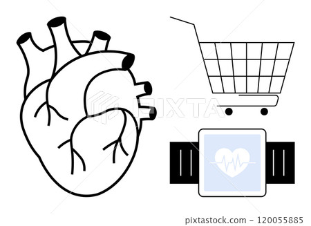 Simple black and white vector showing a human heart, a shopping cart, and a smartwatch with a heart icon. Ideal for health, fitness, technology, ecommerce, and medical themes. Minimalist design style 120055885