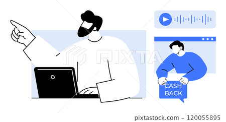 Man working on laptop pointing with hand, another man holding cash back sign, and a play button with sound waves. Ideal for business, technology, e-commerce, financial services, digital marketing Man working on laptop pointing with hand, another man holding cash back sign, and a play button with sound waves. Ideal for business, technology, e-commerce, financial services, digital marketing 120055895