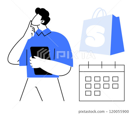 Person holding a tablet, a calendar with dates, and a shopping bag with a logo. Ideal for scheduling, planning, e-commerce, decision-making, and personal organization. Clean, modern, vector 120055900