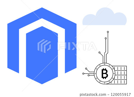 Blue hexagon shape next to a digital bitcoin coin with circuit lines and a cloud. Ideal for cryptocurrency, technology, finance, digital transactions, cloud computing. Modern sleek style 120055917