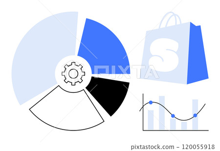 Pie chart with gear, bar graph with line, and shopping bag. Ideal for business analytics, e-commerce insights, financial reports, market research, data visualization. Modern, clean, vector Pie chart with gear, bar graph with line, and shopping bag. Ideal for business analytics, e-commerce insights, financial reports, market research, data visualization. Modern, clean, vector 120055918