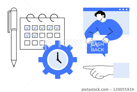 Pen, calendar, clock gear, and person with cash back sign. Ideal for productivity, financial planning, time management, business strategy, and efficiency. Clean, modern style 120055919
