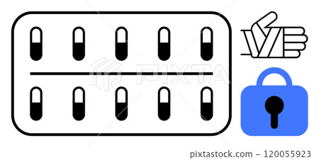 Blister pack of medical capsules with a thumbs-up symbol and blue security lock. Ideal for healthcare, medication safety, pharmaceutical products, medical approval, and secure transactions. Flat 120055923