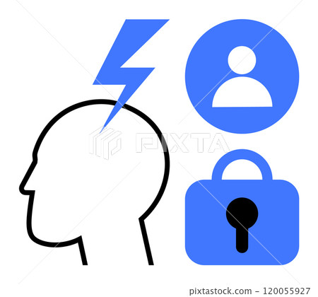 Silhouette of a head with a lightning bolt, user icon, and padlock symbol. Ideal for security, privacy, mental health, identity, technology. Modern minimalist style Silhouette of a head with a lightning bolt, user icon, and padlock symbol. Ideal for security, privacy, mental health, identity, technology. Modern minimalist style 120055927
