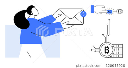 A person holds an envelope symbolizing email communication. A hand with a credit card and ad symbol represents digital marketing. A Bitcoin icon illustrates cryptocurrency. Ideal for technology A person holds an envelope symbolizing email communication. A hand with a credit card and ad symbol represents digital marketing. A Bitcoin icon illustrates cryptocurrency. Ideal for technology 120055928
