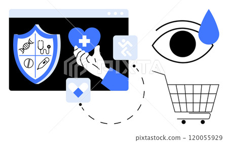 Hand holding blue heart with white cross near shield with medical symbols, eye with blue tear, and shopping cart. Ideal for healthcare, online medical services, telemedicine, health insurance 120055929