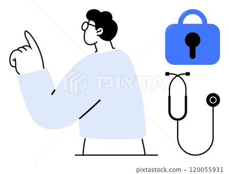 Person pointing with a raised finger, lock, and stethoscope, representing a mix of healthcare and data security themes. Ideal for medical technologies, patient confidentiality, healthcare safety Person pointing with a raised finger, lock, and stethoscope, representing a mix of healthcare and data security themes. Ideal for medical technologies, patient confidentiality, healthcare safety 120055931