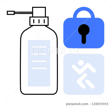 Hand sanitizer bottle with a blue lock and a person running symbol. Ideal for health, security, hygiene, safety, and awareness campaigns. Clear, modern, and simple style Hand sanitizer bottle with a blue lock and a person running symbol. Ideal for health, security, hygiene, safety, and awareness campaigns. Clear, modern, and simple style 120055933