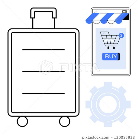 A minimalistic vector image of a suitcase next to smartphone displaying a shopping cart with a Buy button and a gear symbol. Ideal for e-commerce, travel, online shopping, digital transactions 120055938