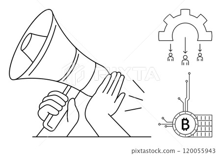 Simplified megaphone with hands, blog symbol, team arrows, and cogwheel. Ideal for digital marketing, teamwork, cryptocurrency, communication strategy, and business processes. Minimal line style 120055943