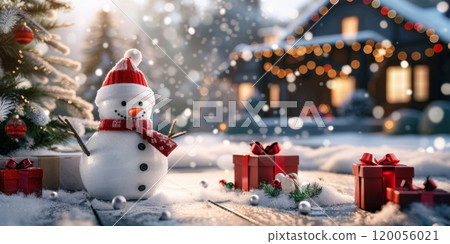 Funny snowman in Santa Claus hat wearing red scarf with Christmas tree and gift boxes standing in front of festive house decorated for new year, holiday greeting card with copy space 120056021