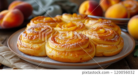 Close-up of fluffy, freshly, round, sweet baked buns from yeasted dough with swirls for breakfast filled with juicy peach slices on white plate on rustic wooden background 120056032