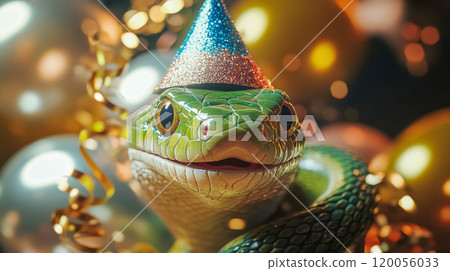 Close-up of smiling green snake in shiny party hat on festive background with colorful sparkly confetti and balloons, greeting card Happy New Year and Merry Christmas 120056033