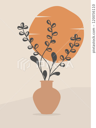 Vases with branches of plants on the background of the sun. A template for posters, prints, interior design and creative ideas Vases with branches of plants on the background of the sun. A template for posters, prints, interior design and creative ideas 120056110