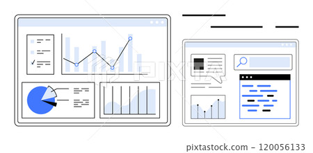Data dashboard with different charts including bar graph, line graph, and pie chart. Idel for business analytics, data visualization, performance tracking, and reporting. Modern minimal style 120056133