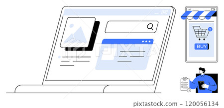 Digital shop platform with a laptop displaying search bar and web content alongside a smartphone with a buy button and market store interface. Ideal for online shopping e-commerce mobile apps digital Digital shop platform with a laptop displaying search bar and web content alongside a smartphone with a buy button and market store interface. Ideal for online shopping e-commerce mobile apps digital 120056134