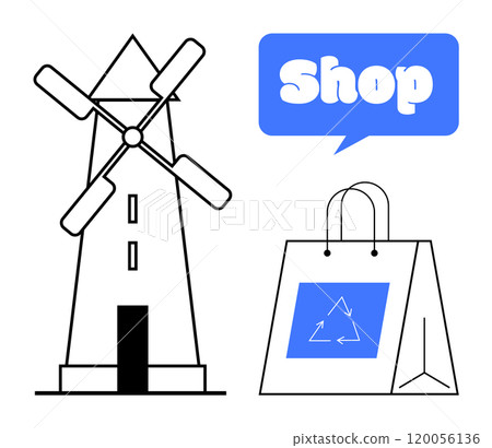 A windmill and a shopping bag with a recycling symbol emphasize sustainable shopping. Ideal for eco-friendly retail stores, renewable energy awareness, sustainable practices, eco-conscious consumers 120056136