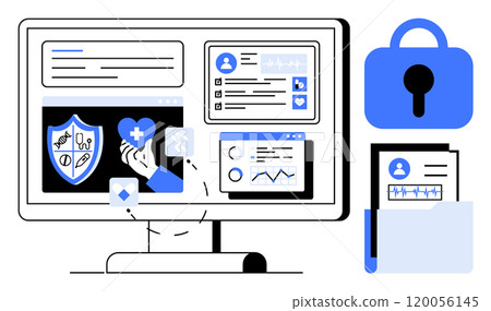 Monitor displaying medical records with health icons and data charts represents digital health systems. Lock icon and folder symbolize data security and privacy. Ideal for electronic health records 120056145