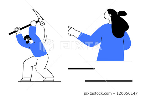 Person in blue clothes holding a pickaxe and another person pointing to the right. Ideal for teamwork, leadership, productivity, guidance, and collaboration themes. Simple two-toned minimalist style Person in blue clothes holding a pickaxe and another person pointing to the right. Ideal for teamwork, leadership, productivity, guidance, and collaboration themes. Simple two-toned minimalist style 120056147