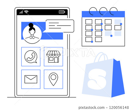 A detailed mobile app interface shows user profile, communication options, store locator, email, and navigation icons. Blue and white calendar and shopping bag. Ideal for e-commerce, online A detailed mobile app interface shows user profile, communication options, store locator, email, and navigation icons. Blue and white calendar and shopping bag. Ideal for e-commerce, online 120056148