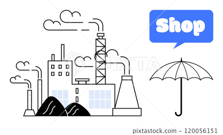 Industrial buildings with smokestacks emitting smoke, a blue speech bubble saying Shop, and a black umbrella. Ideal for industrial themes manufacturing commercial environments weather and graphic 120056151
