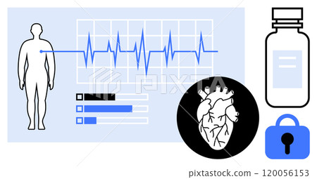 Human health monitoring with elements like heartbeat chart, human silhouette, heart, medication bottle, and lock symbol. Ideal for medical research, healthcare, cardiology, health tech, patient care 120056153